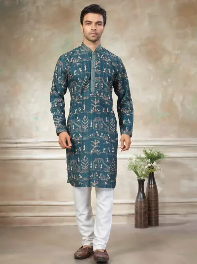 Teal Colour Cotton With Embroidery Work Kurta Pajama Menswear Collection